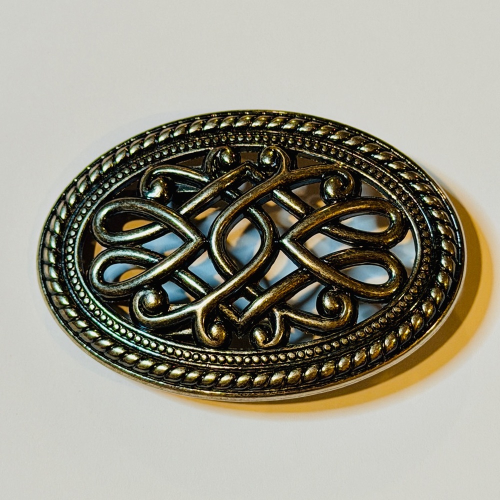 Antique Silver Tone Filigree Oval Belt Buckle 3”